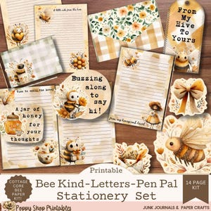 Puede incluir: Un conjunto de papelería imprimible con temática de abejas. El conjunto incluye papel rayado, sobres, etiquetas y pegatinas con ilustraciones de abejas y flores. El texto incluye "Bee Kind-Letters-Pen Pal Stationery Set".