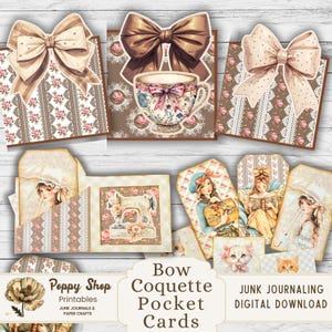 Cartes de poche pour journal Coquette, éphémères Coquette, noeud, pochette chargée, cartes de journalisation pour agenda, cottagecore, journal indésirable, pochette de journalisation