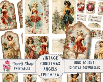Angels Ephemera, Vintage, Christmas Angels, Junk Journal Kit, Spiritual, Journaling Supplies, Printable, Tags, Scrapbook, Digital Download