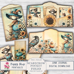 Fall Pocket Folio, Scarecrow, Fall, Printable Folio, Junk Journal Folio Tri Fold, Rustic, Shabby, Folding Pocket Folder, Ephemera, Printable