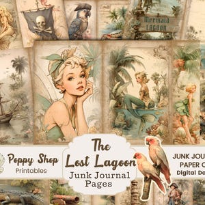 Diário de sereia e pirata, páginas de diário de fadas, imagens de livros de histórias vintage, Ilha do Tesouro, itens efêmeros de sereia, álbum de recortes náutico