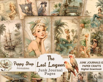 Diário de sereia e pirata, páginas de diário de fadas, imagens de livros de histórias vintage, Ilha do Tesouro, itens efêmeros de sereia, álbum de recortes náutico