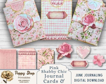 Shabby Chic Junk Journal Pockets, Journal Card, Pink Floral, Spring, Junk Journal Ephemera, Loaded Pockets, Printable, Journal Embellishment