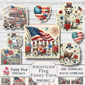 Puede incluir: Imágenes digitales imprimibles de recortes delicados con temática de la bandera estadounidense. Las imágenes incluyen un corazón rojo, blanco y azul, un gato, un perro, un águila, un camión con una bandera, una bandera ondeando al viento y una valla blanca con flores. El texto "American Flag Fussy Cuts Printable" está incluido en la imagen.