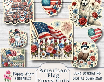 Patriotic Fussy Cuts, American Flag Ephemera, Celebrate America, Paper Craft, Red White and Blue Printable