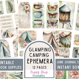 Kortstondige camping, Junk Journal, Boho, Kortstondig, Glamping, Buitenshuis, Vintage, Kortstondig, Afdrukbaar, Plakboek, ATC-kaart, Digitale download