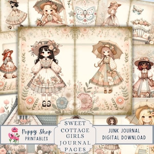 Junk Journal, Cottage Girl, Kleines Mädchen, Junk Journal Seiten, Cottagecore, Country, shabby, bedruckbares Papier, Collage Sheet, Digital, Herunterladen