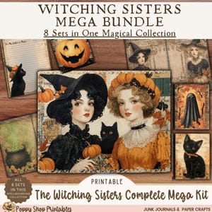 Halloween-skräpjournalsidor och ephemera-paket, 8 kompletta set, folio-brevpappersbokmärken, Cottagecore, utskrivbart kit