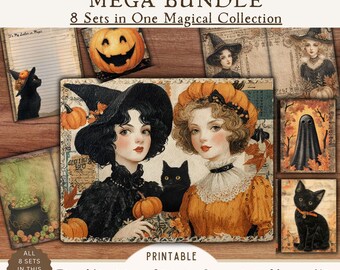 Halloween Junk Journal Pages and Ephemera Bundle, 8 Complete Sets, Folio Stationery Bookmarks, Cottagecore,  Printable Kit