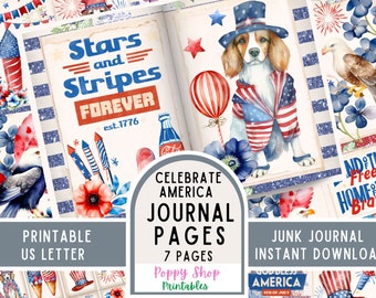 July 4th Patriotic Junk Journal Pages, 250,  Vintage Americana Printable Kit (Digital Download)