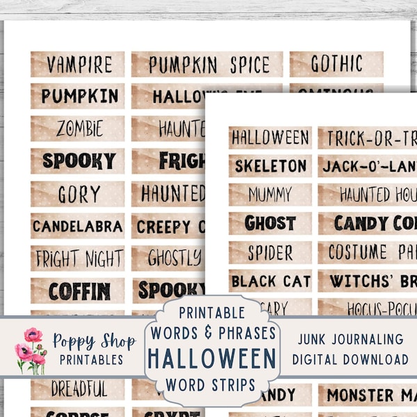 Halloween Word Strip and Phrases, Halloween, Junk Journal Word Labels, Journal Embellishments, Printable, Ephemera, Embellishment, Download.