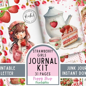 Kit de journal indésirable aux fraises, Strawberry Girls, journal indésirable, imprimable, page de journal indésirable, recette, vintage, scrapbooking, kit, téléchargement immédiat