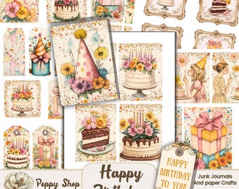 May include: A digital download of printable birthday ephemera featuring colorful illustrations of cakes, flowers, and party hats. The text "Happy Birthday Ephemera" is included in the image.