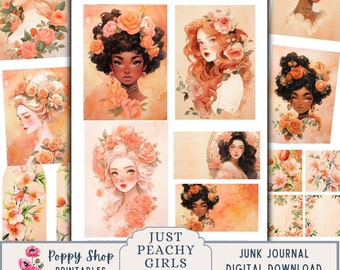 Peach Ephemera, Peach Girls, Victorian, Girls, Junk Journal Kit, Ephemera,  Peach flowers, Collage, Junk Journal Printable, Digi Kit