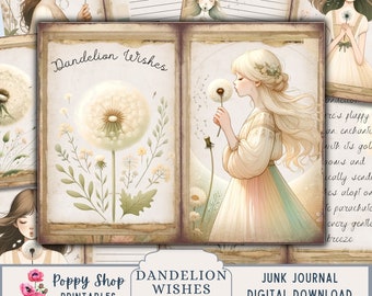 Dandelion Junk Journal, Wildflower, Junk Journal, Spring, Cottage, Girl, Dandelion, Junk Journal Kit, Printable, Journal Pages, Digi Kit