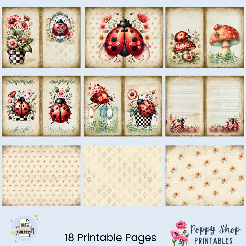 Ladybug Junk Journal, Ladybug Journal Pages, Floral, Colorful ...