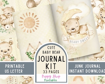 Teddy Bear Baby Junk Journal Kit, Neutral Baby Journal Pages Printable, Instant Download