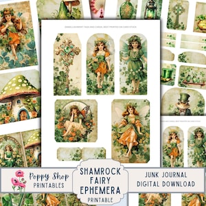 May include: A collection of printable ephemera featuring fairy illustrations in green and orange dresses, with shamrocks and mushroom houses. The text reads "Shamrock Fairy Ephemera Printable" and "Junk Journal Digital Download".