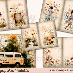 May include: Watercolor illustrations of journal pages with floral and nature themes. Images include a church, a van with "Boho and Blessed" text, figures, and a dove. The words "Pray" and "In His Grace" are also visible. "Poppy Shop Printables" and "Junk Journals & Paper Crafts" are also visible.