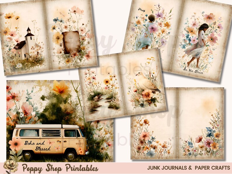 May include: Watercolor illustrations of journal pages with floral and nature themes. Images include a church, a van with "Boho and Blessed" text, figures, and a dove. The words "Pray" and "In His Grace" are also visible. "Poppy Shop Printables" and "Junk Journals & Paper Crafts" are also visible.