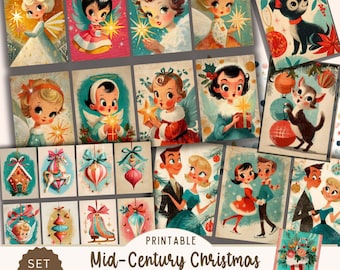 Printable Mid Century Christmas ATC Cards | Retro Kitsch 1950s Holiday Art Craft Printable