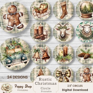 Rustieke kerstcirkeltags, doe-het-zelf, cadeaulabels, 2,5 inch, afdrukbare afbeeldingen, kroonkurken, stickers, kerstmis, tags, collagevel, download
