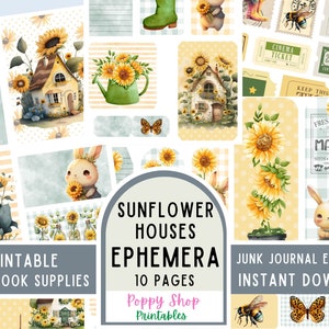 Sunflower Ephemera, Junk Journal Ephemera, Sunflower, Sunflower House, Garden Bee, Printable, Vintage, Scrapbook, Ephemera. Instant Download