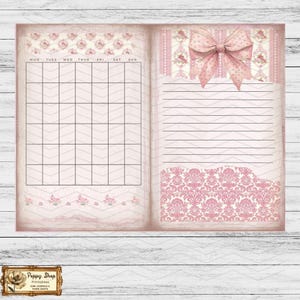 May include: A printable pink and white planner with a calendar on the left page and a lined notes section on the right page. The calendar has the days of the week labeled: Mon, Tues, Wed, Thur, Fri, Sat, Sun. The notes section has a pink bow and a pink and white floral pattern.