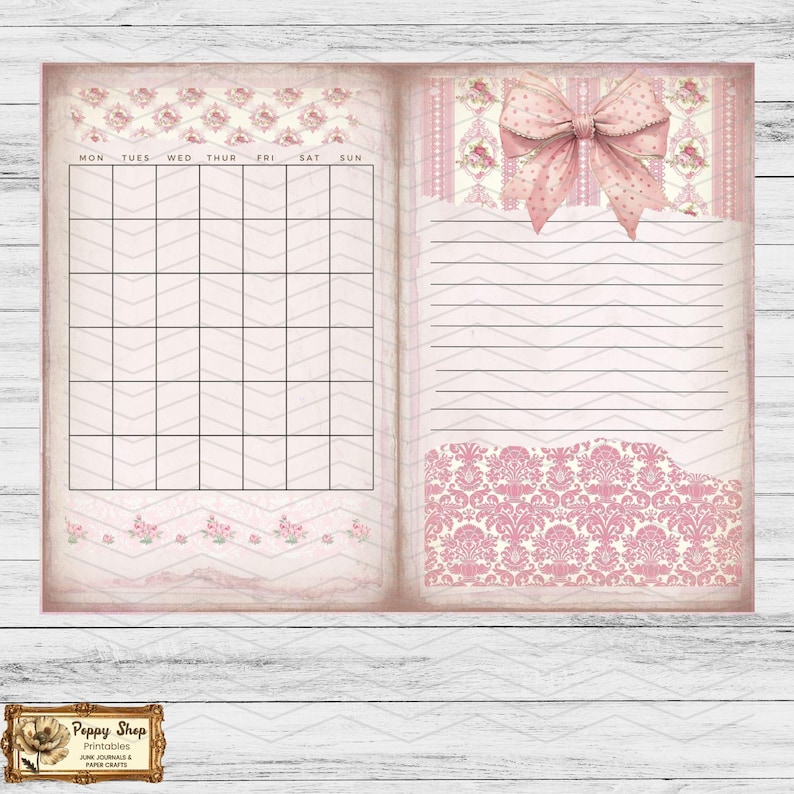 May include: A printable pink and white planner with a calendar on the left page and a lined notes section on the right page. The calendar has the days of the week labeled: Mon, Tues, Wed, Thur, Fri, Sat, Sun. The notes section has a pink bow and a pink and white floral pattern.