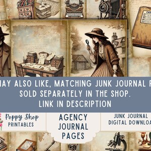 May include: A digital download of vintage-style junk journal pages featuring a woman with a magnifying glass, a man in a coat, and a typewriter. The pages are perfect for adding to your own junk journal or using for scrapbooking and other paper crafts.