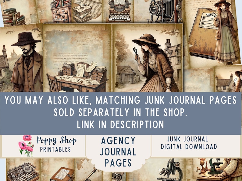 May include: A digital download of vintage-style junk journal pages featuring a woman with a magnifying glass, a man in a coat, and a typewriter. The pages are perfect for adding to your own junk journal or using for scrapbooking and other paper crafts.