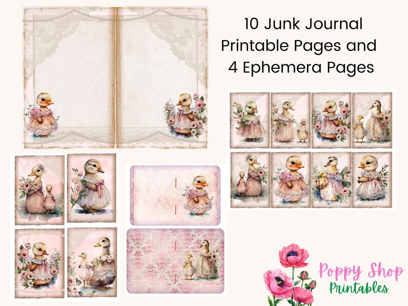 Ducks Junk Journal Kit, Vintage, Ducks in Dresses, Journal Pages, Junk Journal, Shabby, Ducks Ephemera, Cute, Printable, Scrapbook, Download image 3