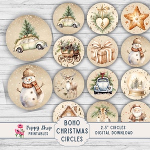 Boho Weihnachten Geschenkanhänger, Kreis Tag Geschenkanhänger, 6,5 cm, DIY, Vintage Weihnachten, Boho Weihnachtsmann, Collage Sheet, Aufkleber, Digital Download