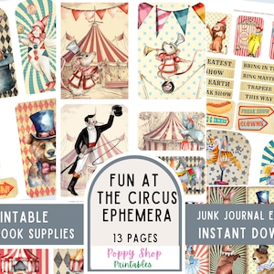 Circus Ephemera, Junk Journal, Vintage, Circus, Clowns, Elephants, Journal, Ephemera, Printable, Scrapbook, ATC Card, Digital Download