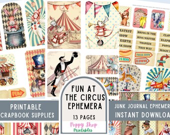 Kit de decoración digital para álbumes de recortes con temática de circo vintage (descarga gratuita).