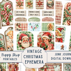 Op de afbeelding: Een verzameling vintage kerst-ephemera, waaronder tags, labels en illustraties. De ontwerpen bevatten de kerstman, kerstbomen en retro vakantiebeelden. Tekst bevat "Let it Snow", "Twinkle Lights" en "Santa Baby".