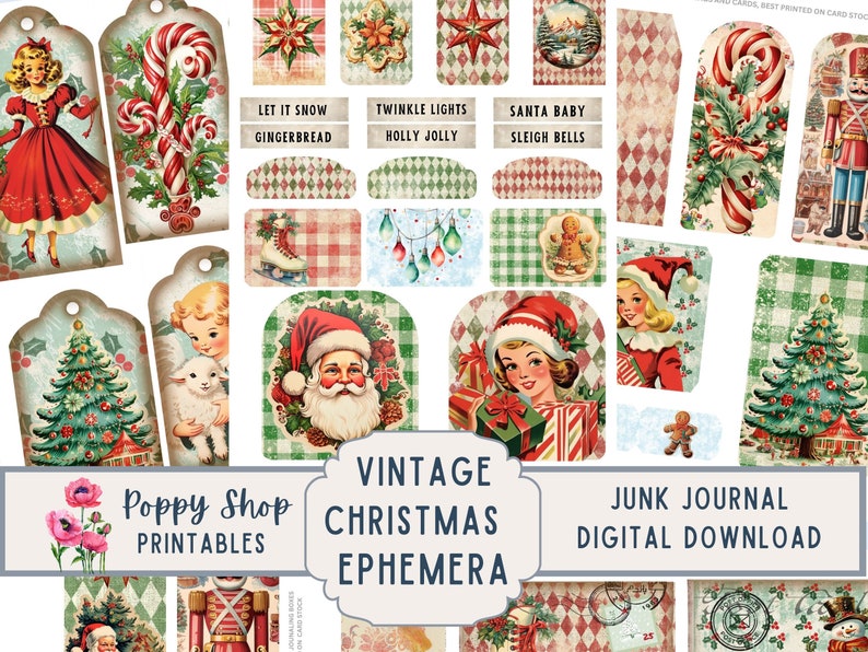 Op de afbeelding: Een verzameling vintage kerst-ephemera, waaronder tags, labels en illustraties. De ontwerpen bevatten de kerstman, kerstbomen en retro vakantiebeelden. Tekst bevat "Let it Snow", "Twinkle Lights" en "Santa Baby".