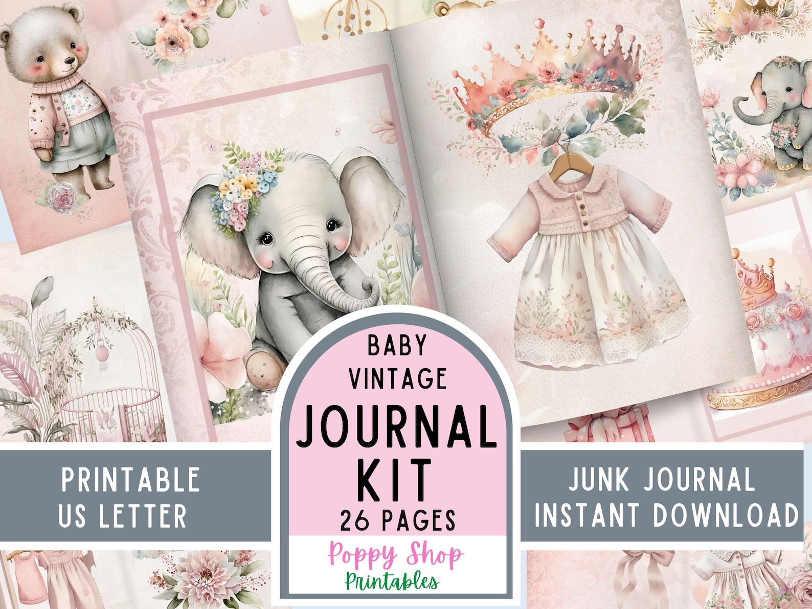 Junk Journal Kit, Baby Girl, Baby Book, Baby Journal, Vintage Baby Girl, Printable, Journal Kit ...