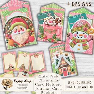 Weihnachten Geschenk Kartenhalter, rosa Weihnachten, Journal Taschen, Journal Karten, Junk-Journal, Ephemera, geladene Taschen, bedruckbar, DIY Karte