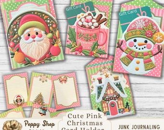 May include: Four printable designs for a cute pink Christmas card holder with pockets. The designs feature a snowman, a Santa Claus, a hot chocolate mug, and a gingerbread house. The designs are perfect for junk journaling and digital downloads.
