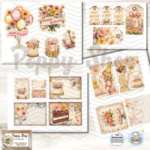 May include: A digital printable set of birthday party decorations featuring a pink and yellow color scheme. The set includes a cake, balloons, flowers, a girl blowing out candles, and tags with the text "Happy Birthday to You!" and "Make a Wish!"