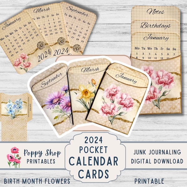 2024 Calendar Pocket and Cards, Birth Month Flower, Monthly Calendar, Printable. Neutral, Junk Journal, Planner Inserts, Ephemera, Digital