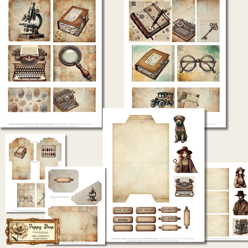 May include: A set of printable digital papers with a vintage detective agency theme. The papers feature illustrations of magnifying glasses, typewriters, microscopes, keys, and other detective-themed items. The papers are perfect for scrapbooking, card making, and other paper crafts.