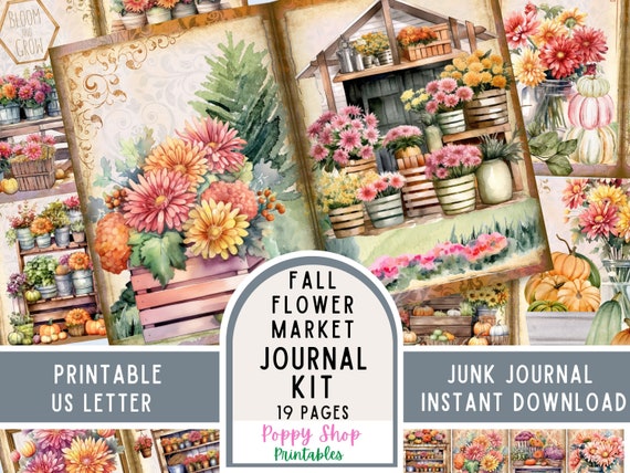 Fall Flower Market Junk Journal Pages and Ephemera Kit, Floral Journaling Cards and Inserts