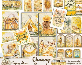 May include: A digital download of printable ephemera featuring a yellow vintage van, a tent, a butterfly, a dreamcatcher, and a girl in a yellow dress. The text "Chasing Sunsets" is featured in the image. The ephemera is perfect for junk journals, paper crafts, and other creative projects.