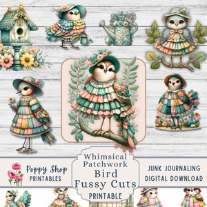 Fussy Cut Birds, Patchwork, Birds, Whimsical, Fussy Cut Printable, Junk Journal, Scrapbooking, Adesivo, Coisas Efêmeras, Enfeites, Baixar