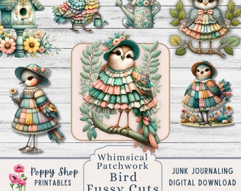 May include: Whimsical patchwork bird fussy cuts printable digital download. A set of 10 digital images featuring cute birds with patchwork dresses, hats, and bows. The images are perfect for junk journaling, scrapbooking, and other crafting projects.