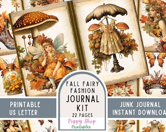 May include: A digital printable junk journal kit with 22 pages featuring fall fairy fashion illustrations. The kit includes images of fairies, mushrooms, butterflies, and fall foliage. The text "Fall Fairy Fashion Journal Kit" and "22 Pages" is displayed on the image. The text "Printable US Letter" and "Junk Journal Instant Download" is also displayed on the image.