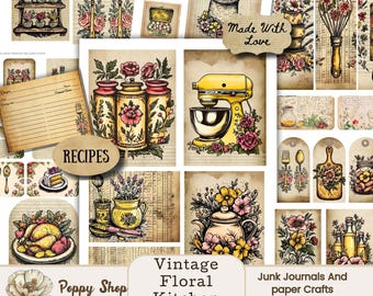 Tijdelijke vintage keuken, kortstondig receptenboek, kookboek, Junk Journal Kit, Tags, decoupage, plakboek, collage, afdrukbare, digitale papers