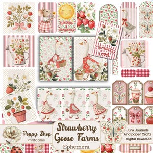 May include: Digital printable ephemera set featuring a whimsical goose farm theme with strawberries, flowers, and a red and white gingham pattern. The set includes tags, papers, and other elements perfect for scrapbooking, card making, and other crafts. The text "Strawberry Goose Farms" is featured in the center of the image.